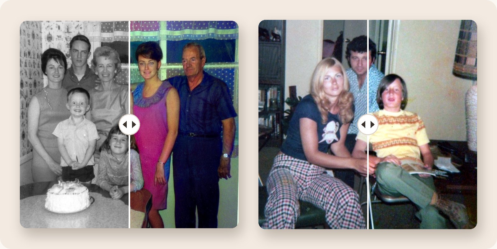Porovnání před a po: obarvená černobílá fotka z narozenin a vybledlá fotka ze 70. let s oživenými barvami